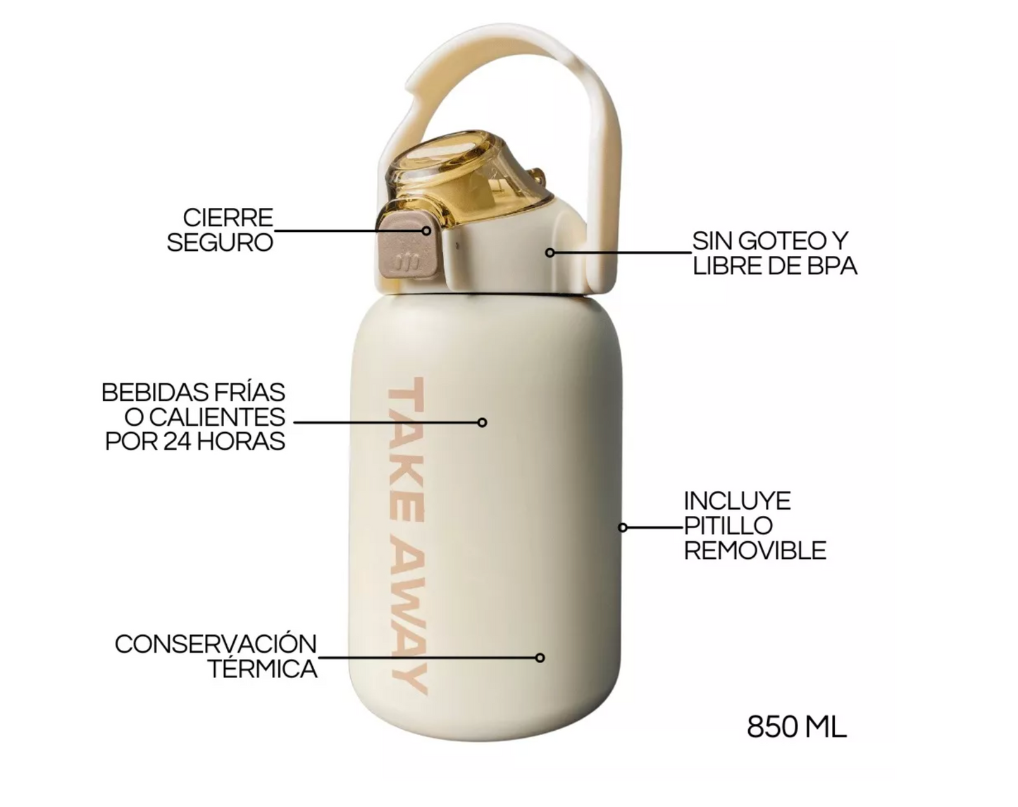 Botella de Agua de Acero Inoxidable de 850ML con tapa a prueba de derrames, tamaño grande con Asa